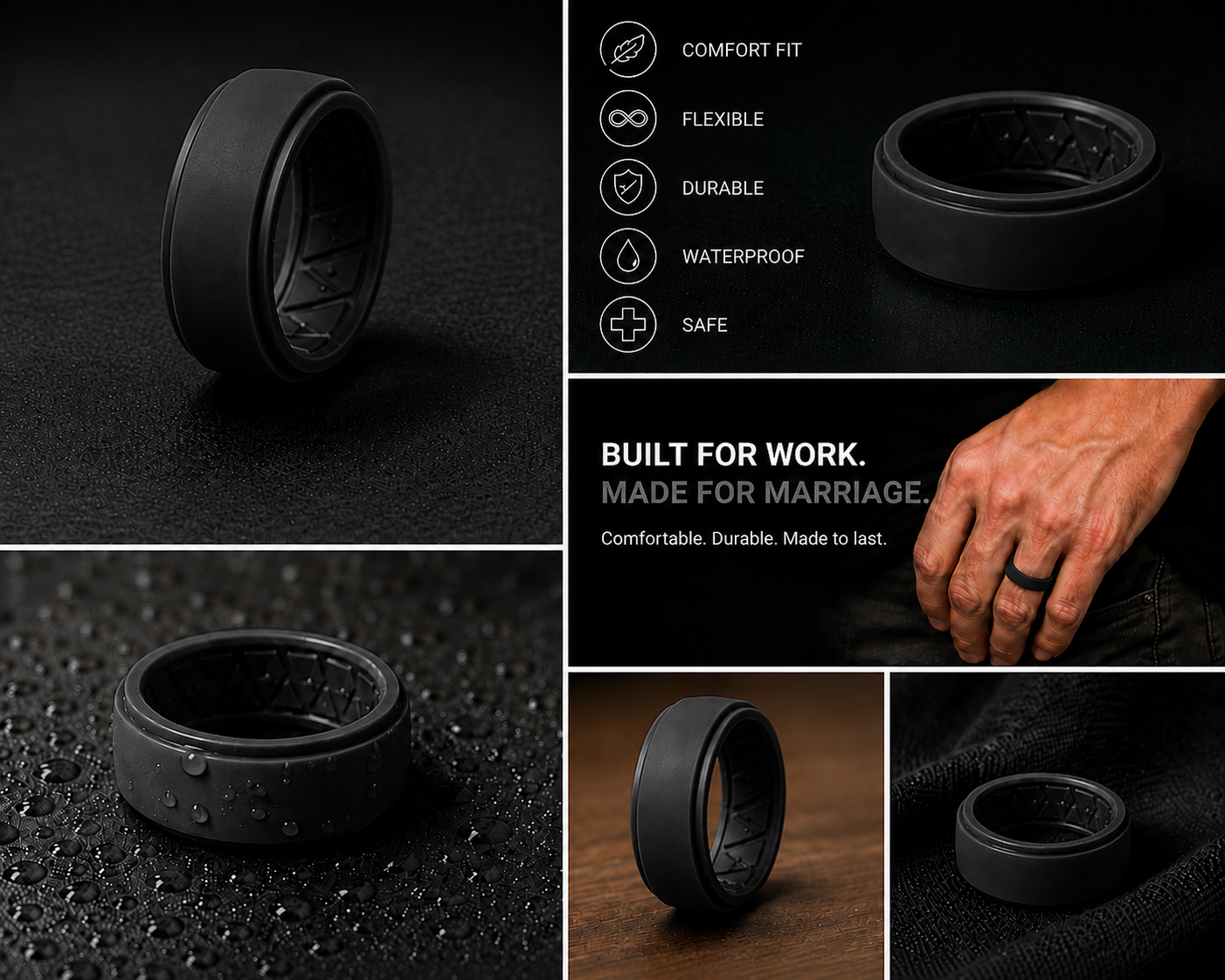 Black silicone wedding band ring shown in multiple product photos on a dark textured background, with feature callouts including comfort fit, flexible, durable, waterproof, and safe. One panel shows a hand wearing the ring.