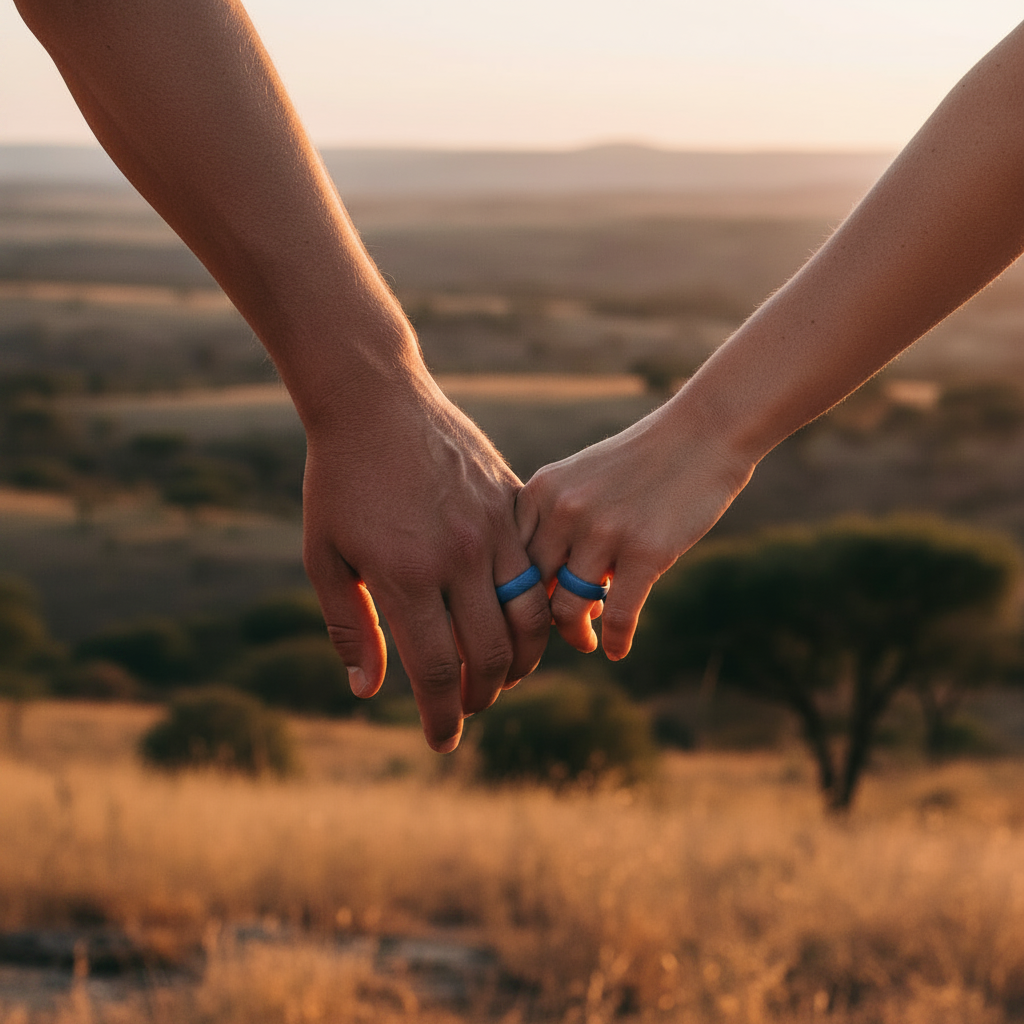 Couples hands with steel blue silicone ring
